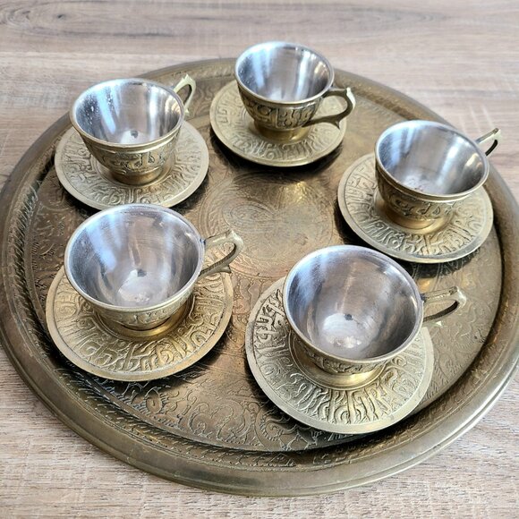 Antique Vintage Etched Engraved Solid Brass Round Wall Dish Plate Tray. - Picture 6 of 7